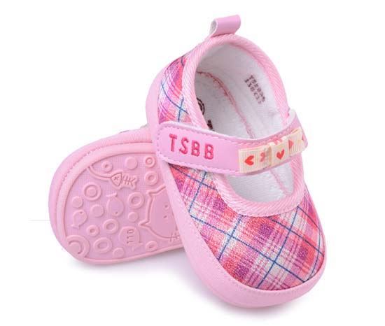 天使之嬰格子布youe學步鞋粉紅