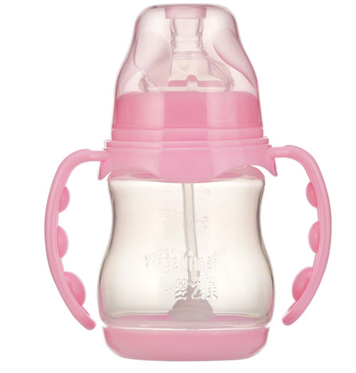 嬰之美寬口雙耳自動圓弧PP奶瓶帶底180ML0粉色