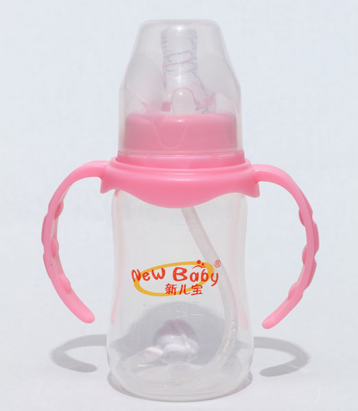 新兒寶粉紅色雙耳自動(dòng)圓腰形PP奶瓶120ml