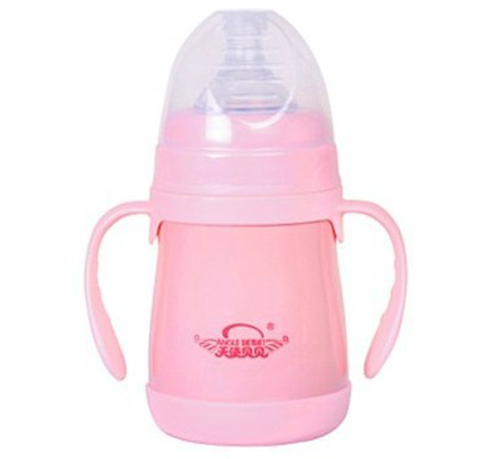 天使貝貝帶手柄不銹鋼奶瓶粉色