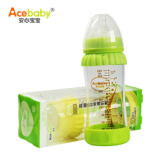 安心寶寶260ml高硼硅玻璃奶瓶綠色黃色盒裝