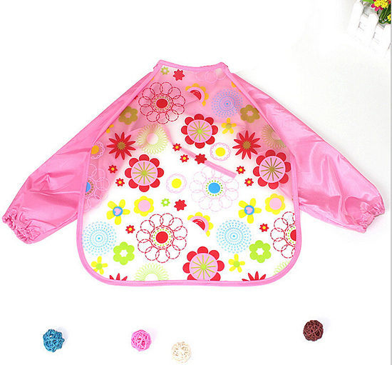 yingeEVA免洗吃飯衣圍兜圍嘴長袖粉花