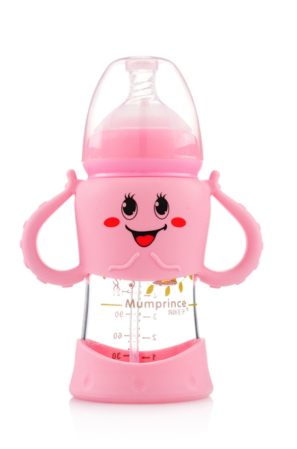 媽咪王子寬口晶鉆玻璃自動(dòng)吸卡通奶瓶200ml 粉色