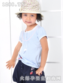 小豬班納藍色圓領(lǐng)短袖針織衫