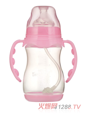 嬰之美寬口雙耳自動圓弧PP奶瓶帶底240ML粉色