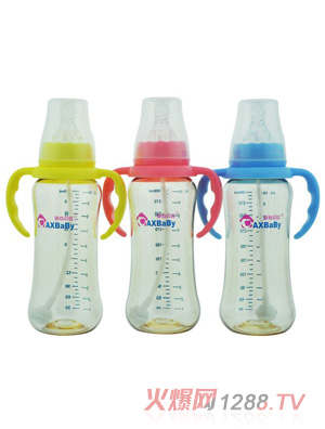 安心貝比雙柄標(biāo)口自動吸管弧形奶瓶300ml