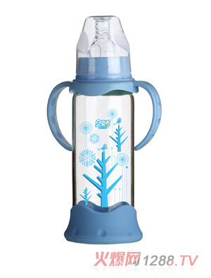 貝嬰奇240ml防爆感溫標口晶鉆玻璃奶瓶-藍