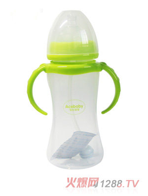 安心寶寶300ml寬口自動(dòng)雙耳PP奶瓶綠色手柄