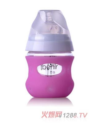 清素130ml寬口玻璃奶瓶（帶保護套+慢流量奶嘴）-玫紅色