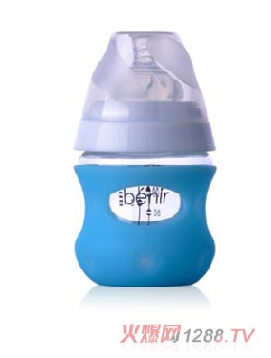 清素130ml寬口玻璃奶瓶（帶保護套+慢流量奶嘴）-藍色